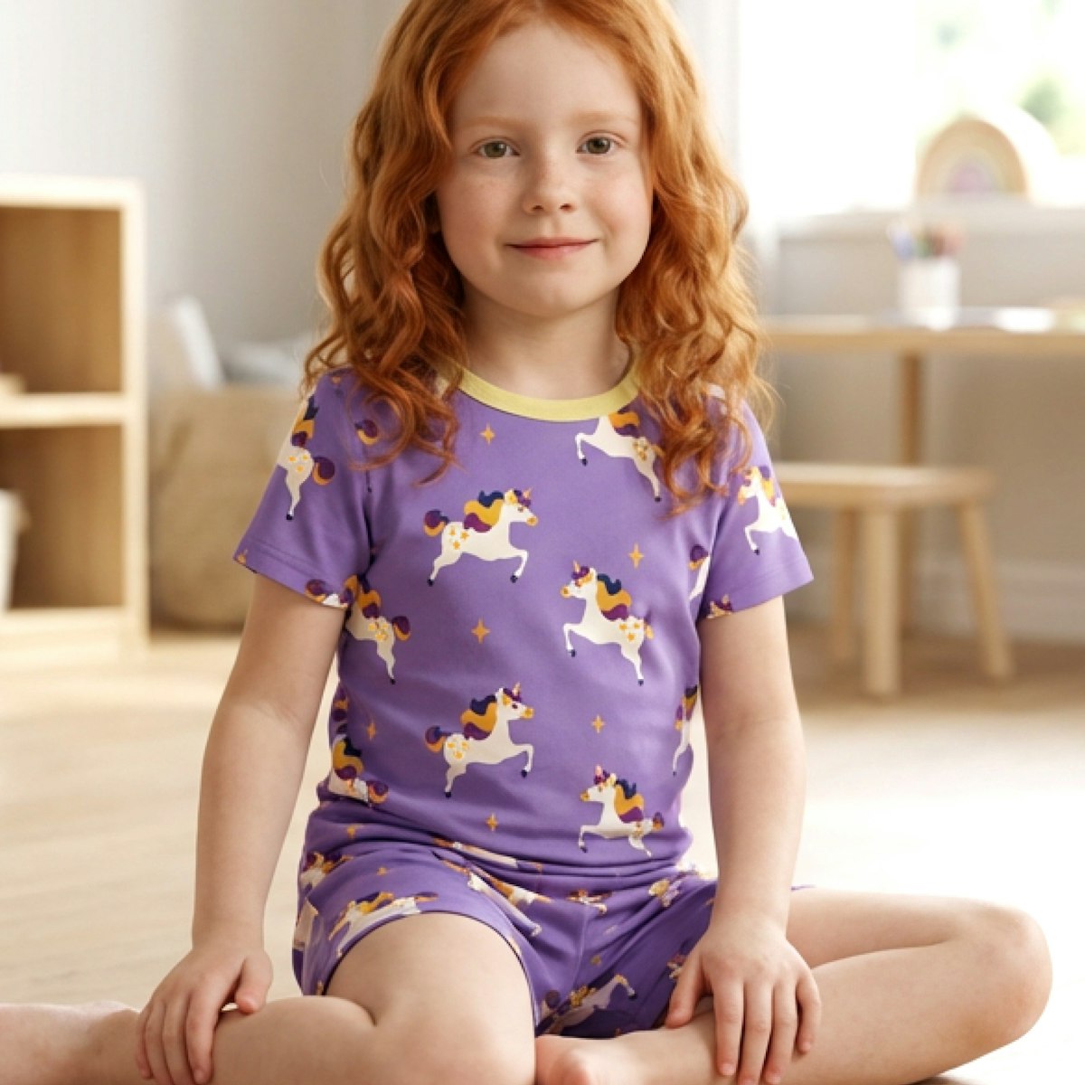 Sommerlicher Schlafanzug kurzam Einhörner lila 110/116 Sommerlicher Schlafanzug kurzam Einhörner lila 110/116