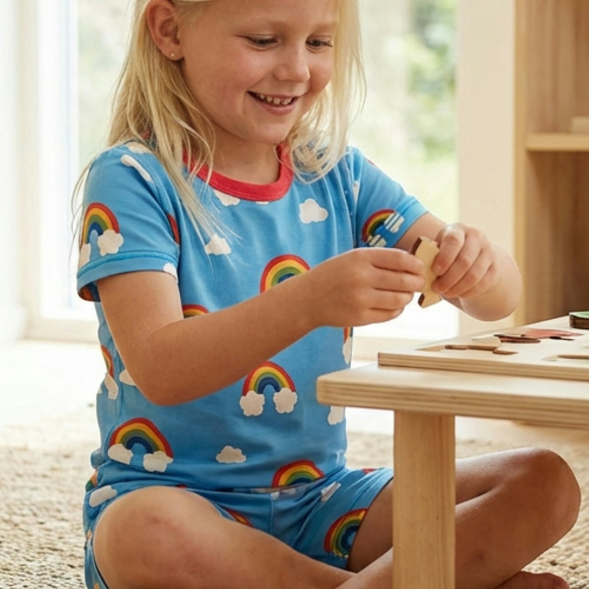 Sommerlicher Schlafanzug kurzam Regenbogen hellblau 110/116 Sommerlicher Schlafanzug kurzam Regenbogen hellblau 110/116