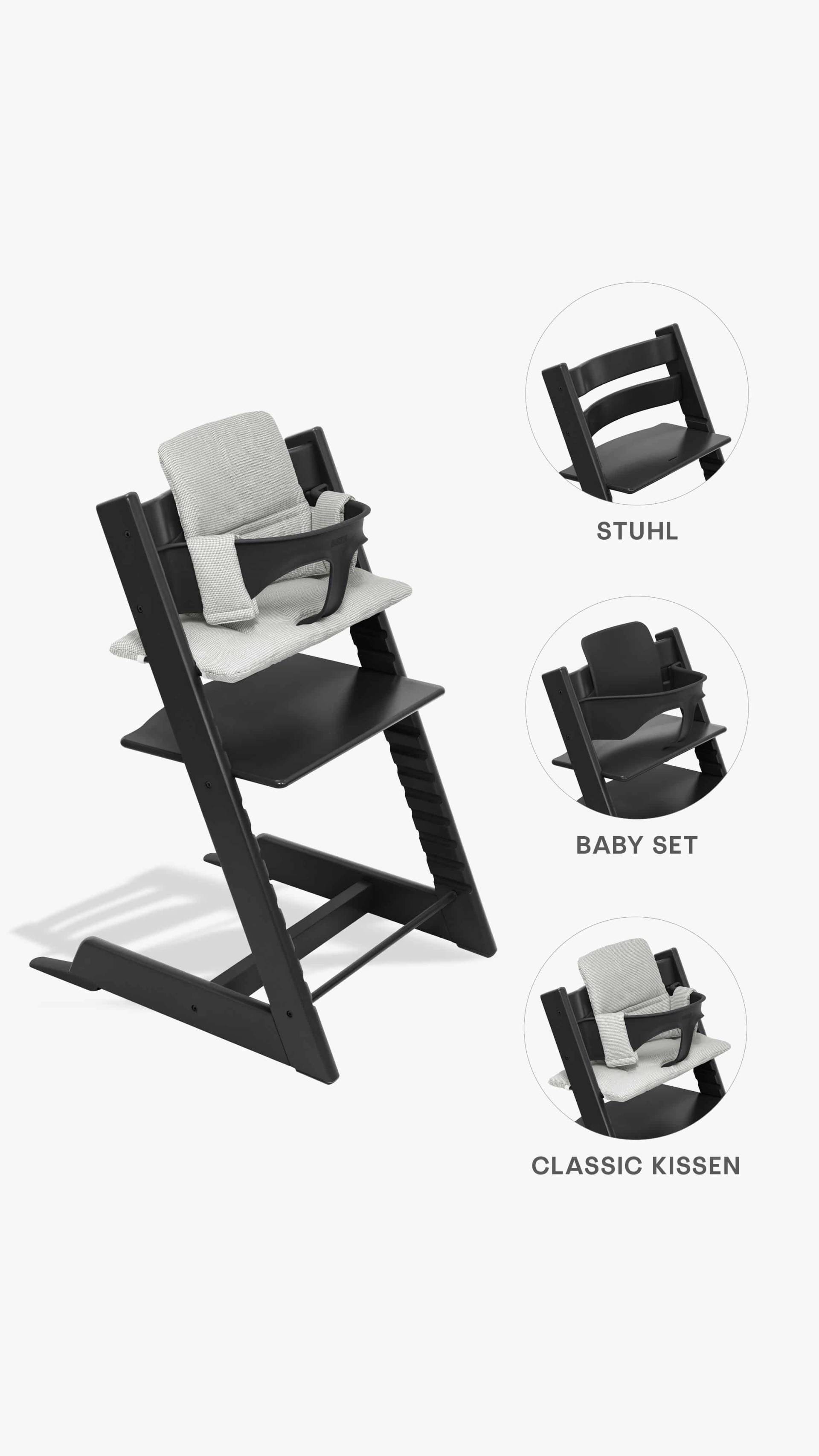 Stokke Tripp Trapp Hochstuhl + Baby-Set 2 und Sitzkissen Black/Nordic Grey Stokke Tripp Trapp Hochstuhl + Baby-Set 2 und Sitzkissen Black/Nordic Grey