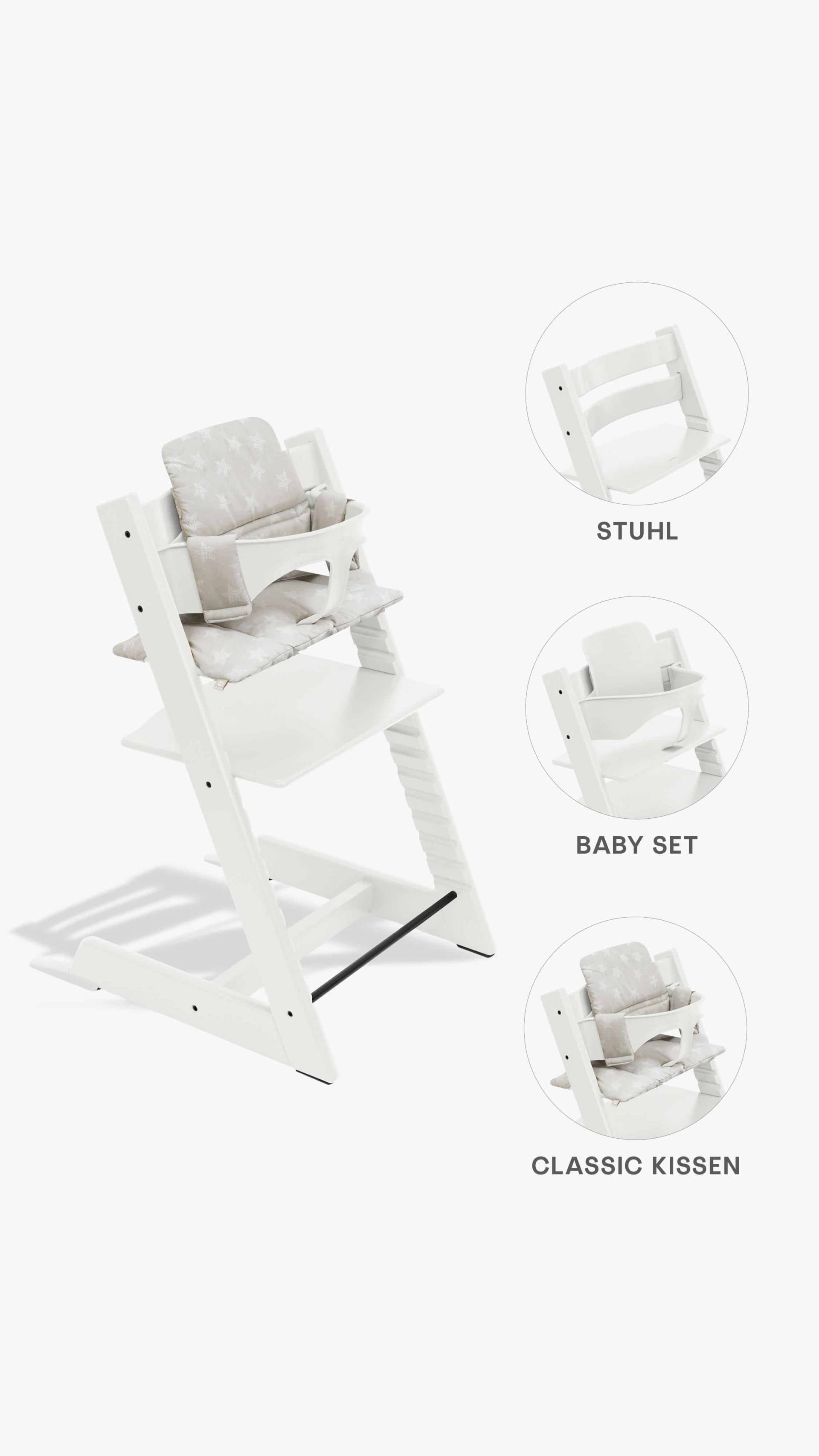 Stokke Tripp Trapp Hochstuhl + Baby-Set 2 und Sitzkissen White/Star Silver Stokke Tripp Trapp Hochstuhl + Baby-Set 2 und Sitzkissen White/Star Silver