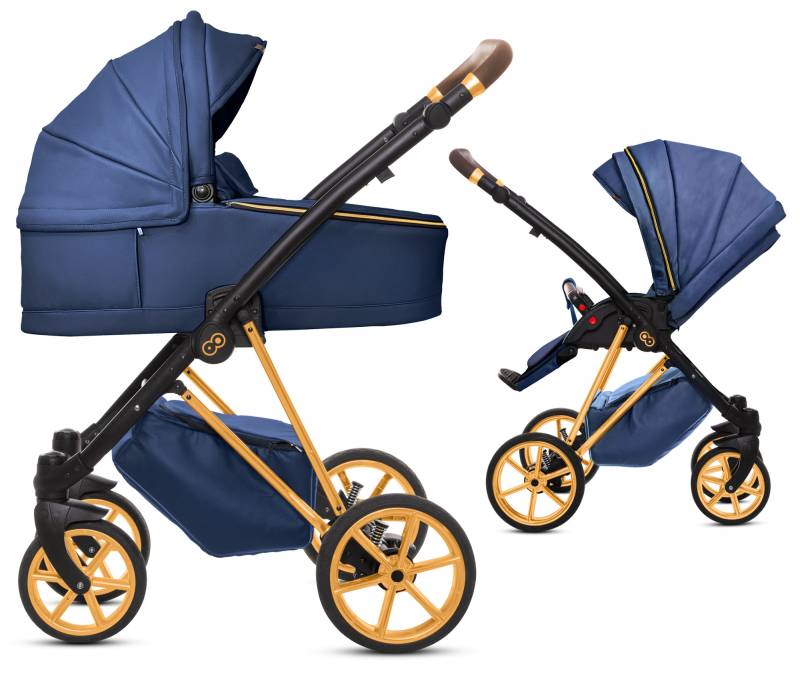 TPFLiving 2in1 Kinderwagen Royal Kunstleder - Blueberry / Gestell Gold