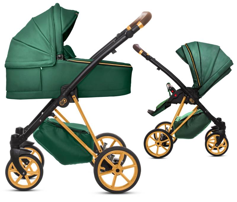 TPFLiving 2in1 Kinderwagen Royal Kunstleder - Grün / Gestell Gold