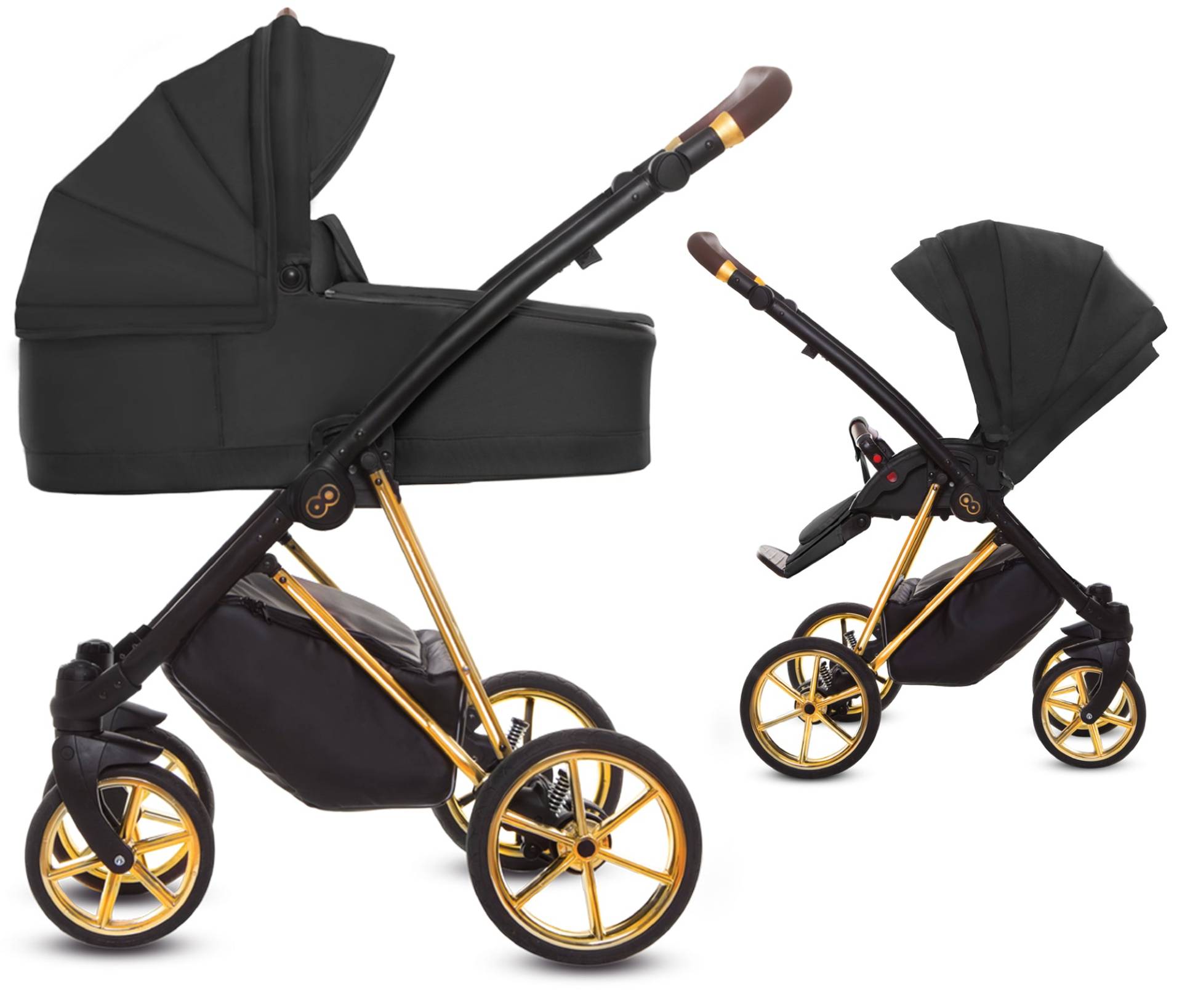 TPFLiving 2in1 Kinderwagen Ultra Stoff - Schwarz / Gestell Gold