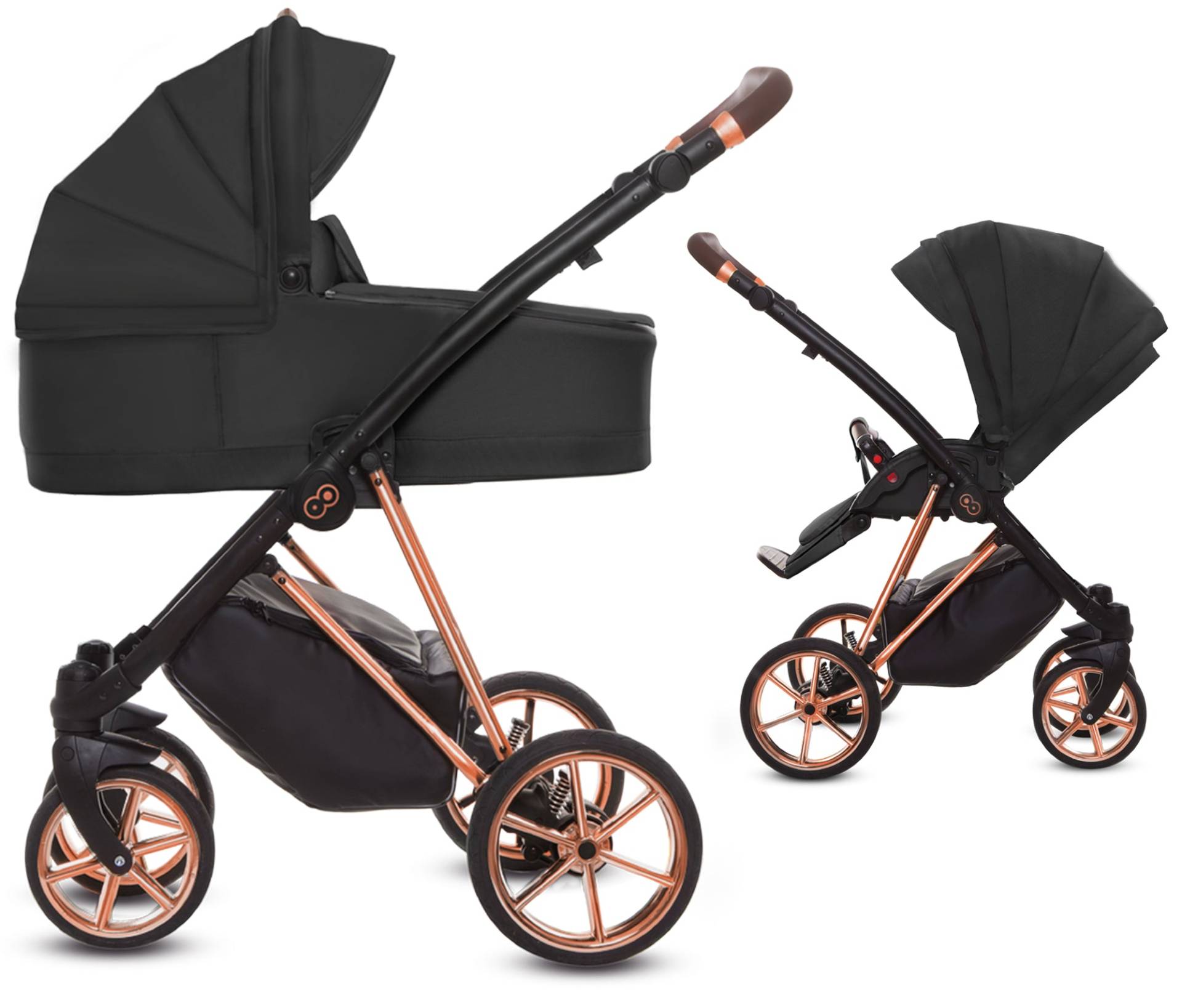 TPFLiving 2in1 Kinderwagen Ultra Stoff - Schwarz / Gestell Roségold