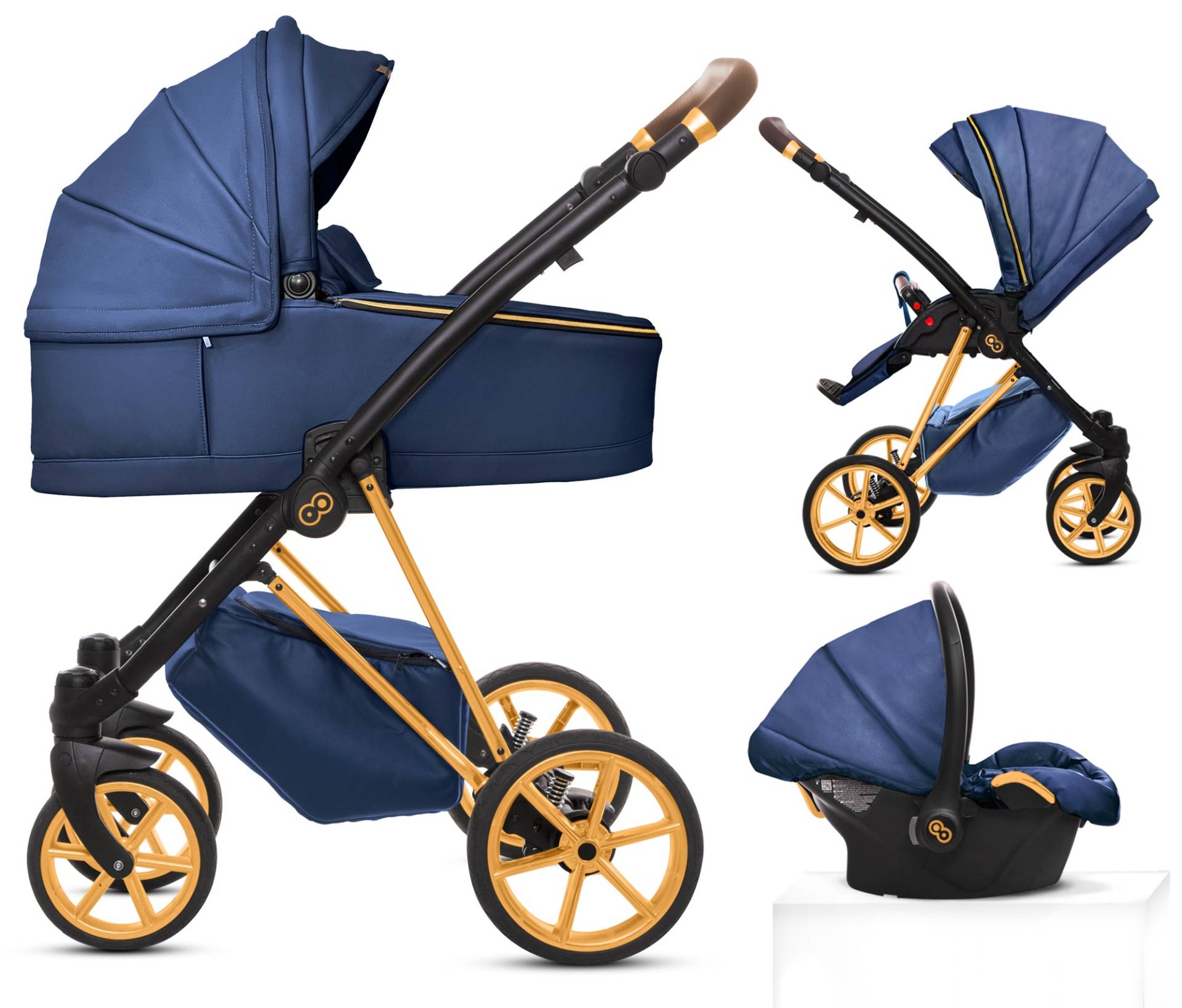 TPFLiving 3in1 Kinderwagen Royal Kunstleder - Blueberry / Gestell Gold