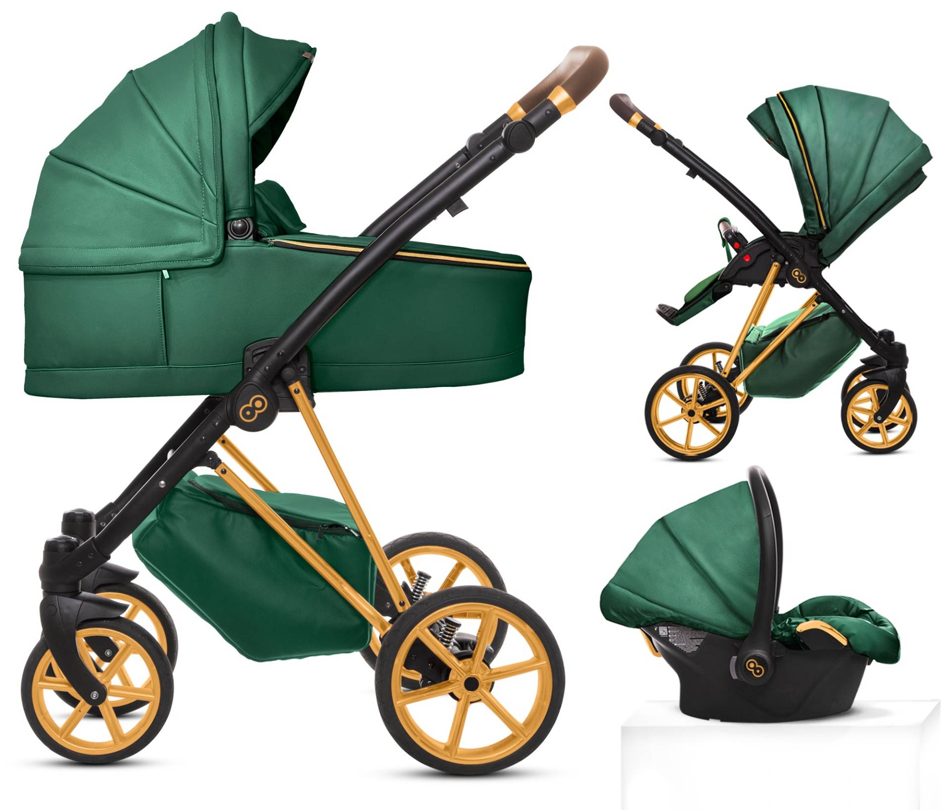 TPFLiving 3in1 Kinderwagen Royal Kunstleder - Grün / Gestell Gold