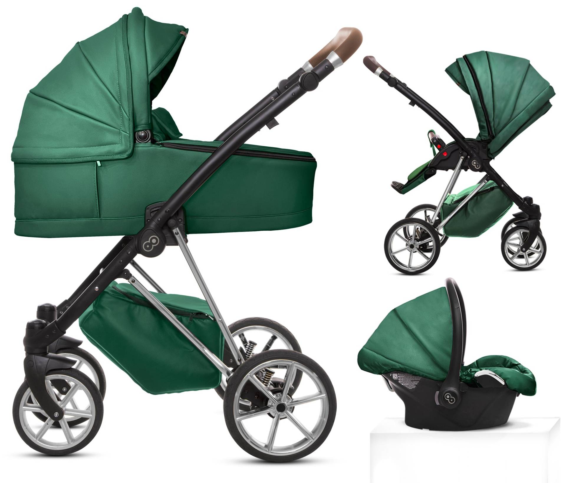 TPFLiving 3in1 Kinderwagen Royal Kunstleder - Grün / Gestell Silber