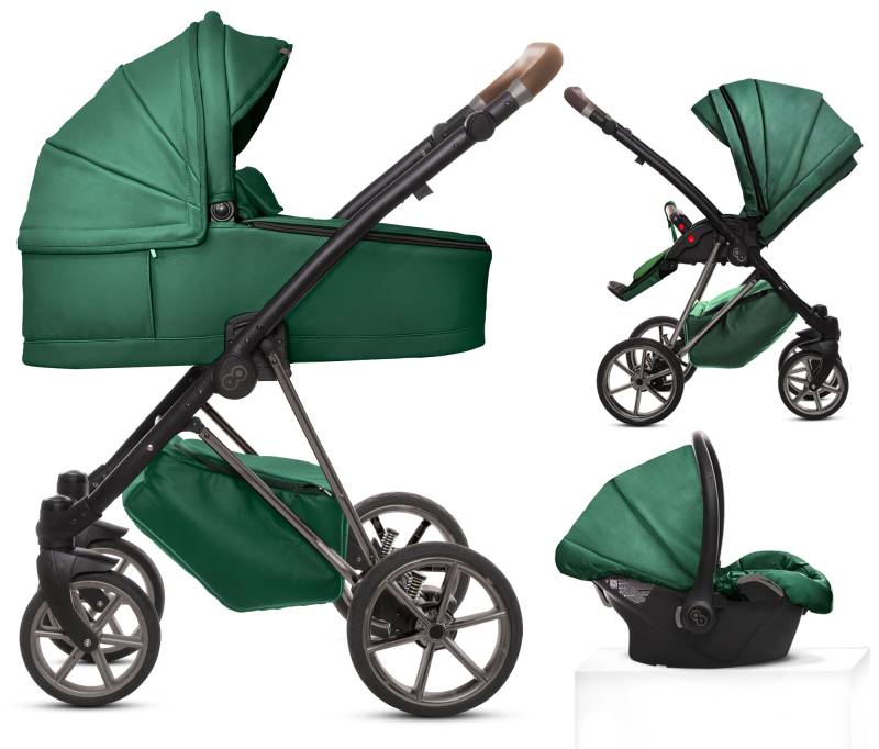 TPFLiving 3in1 Kinderwagen Royal Kunstleder - Grün / Gestell Space Grau