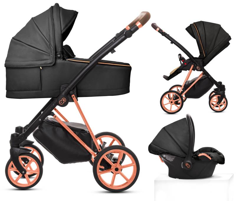 TPFLiving 3in1 Kinderwagen Royal Kunstleder - Onyx / Gestell Roségold