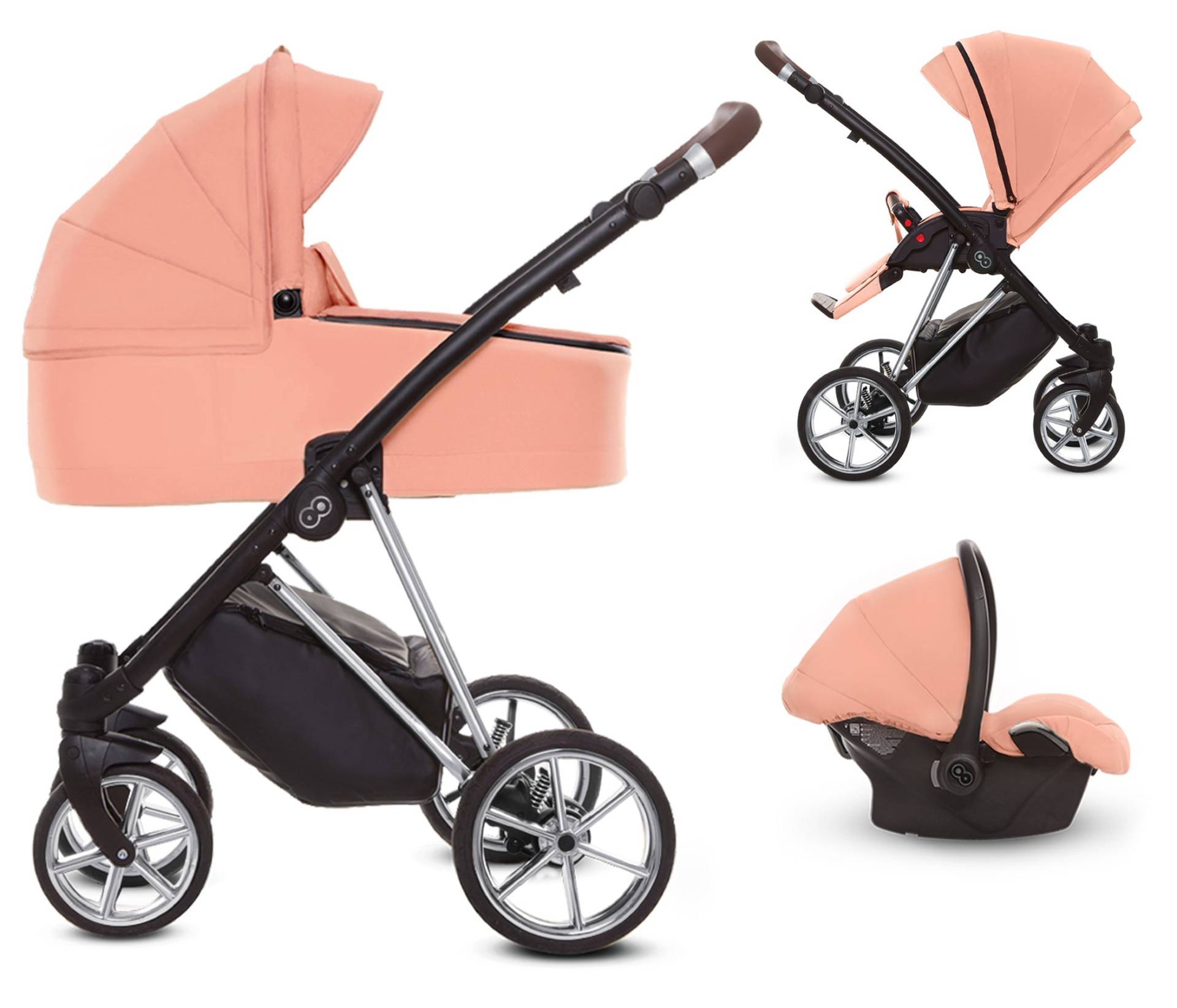 TPFLiving 3in1 Kinderwagen Ultra Stoff - Apricot / Gestell Chrom