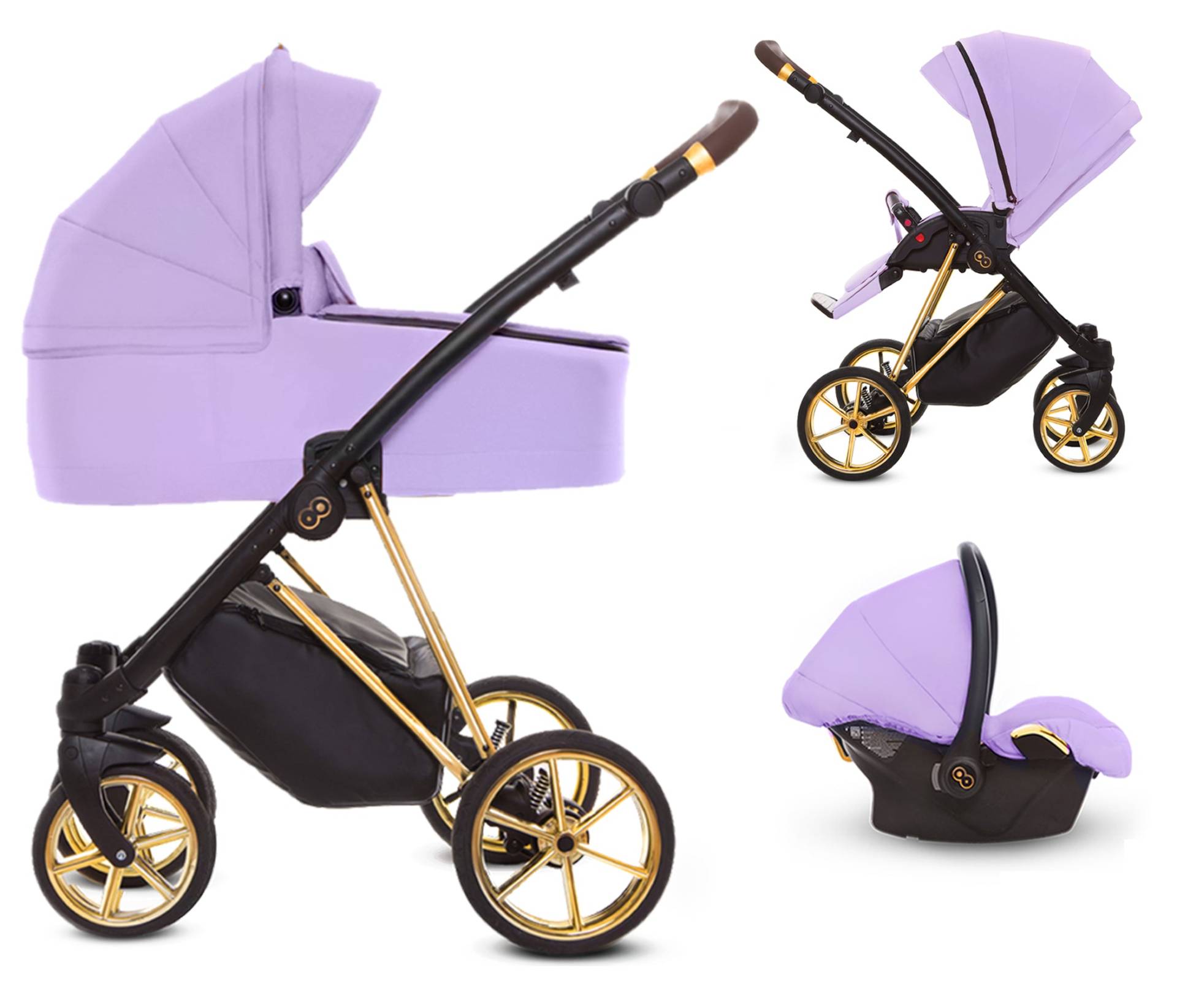 TPFLiving 3in1 Kinderwagen Ultra Stoff - Lila / Gestell Gold