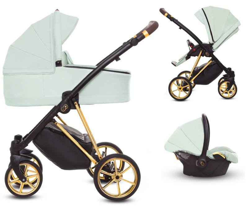 TPFLiving 3in1 Kinderwagen Ultra Stoff - Mint / Gestell Gold