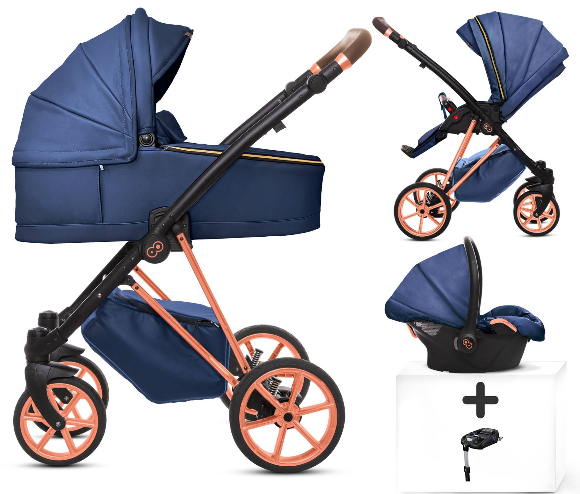 TPFLiving 4in1 Kinderwagen Royal Kunstleder - Blueberry / Gestell Roségold