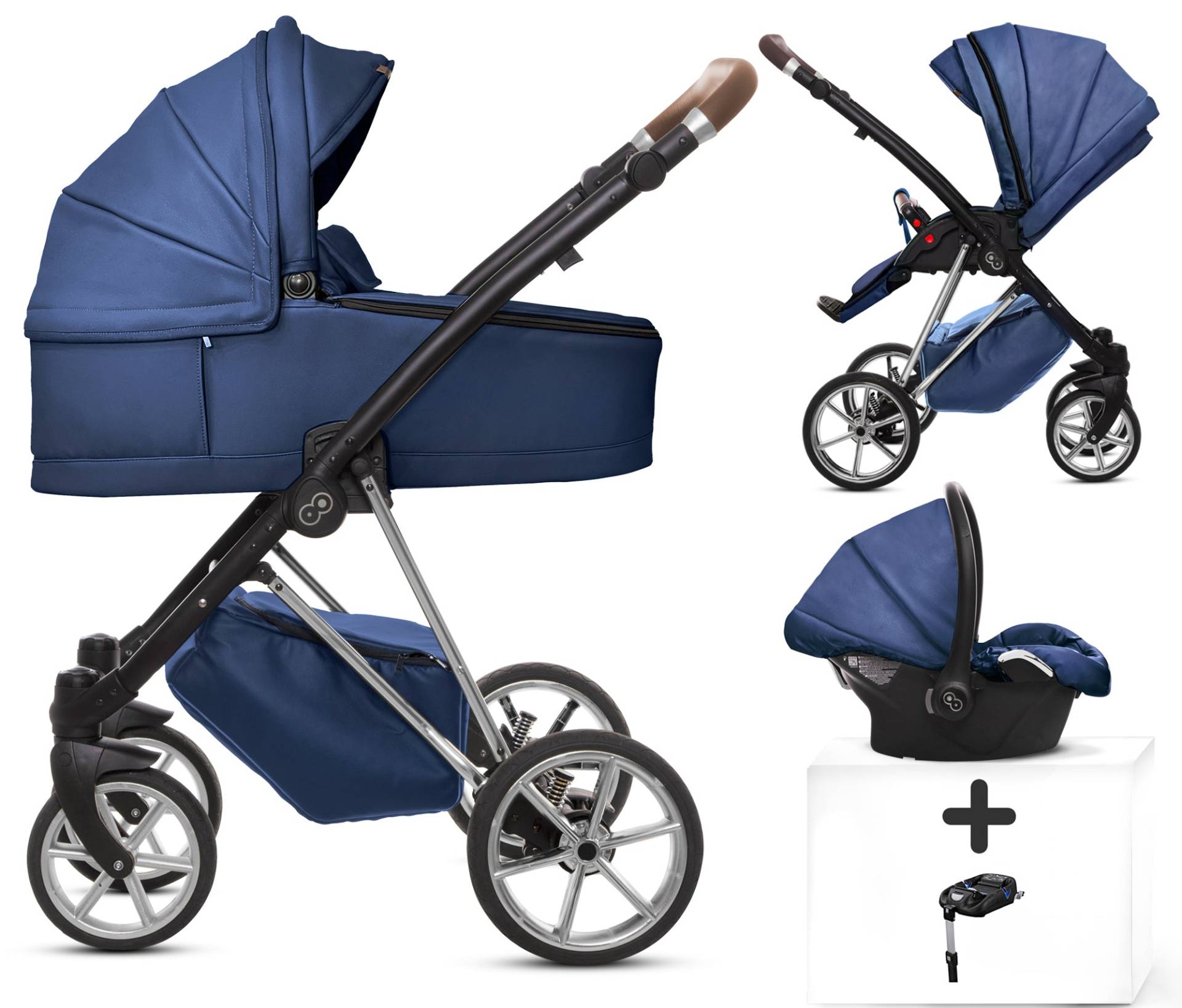 TPFLiving 4in1 Kinderwagen Royal Kunstleder - Blueberry / Gestell Silber