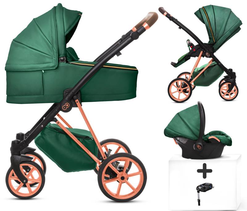 TPFLiving 4in1 Kinderwagen Royal Kunstleder - Grün / Gestell Roségold