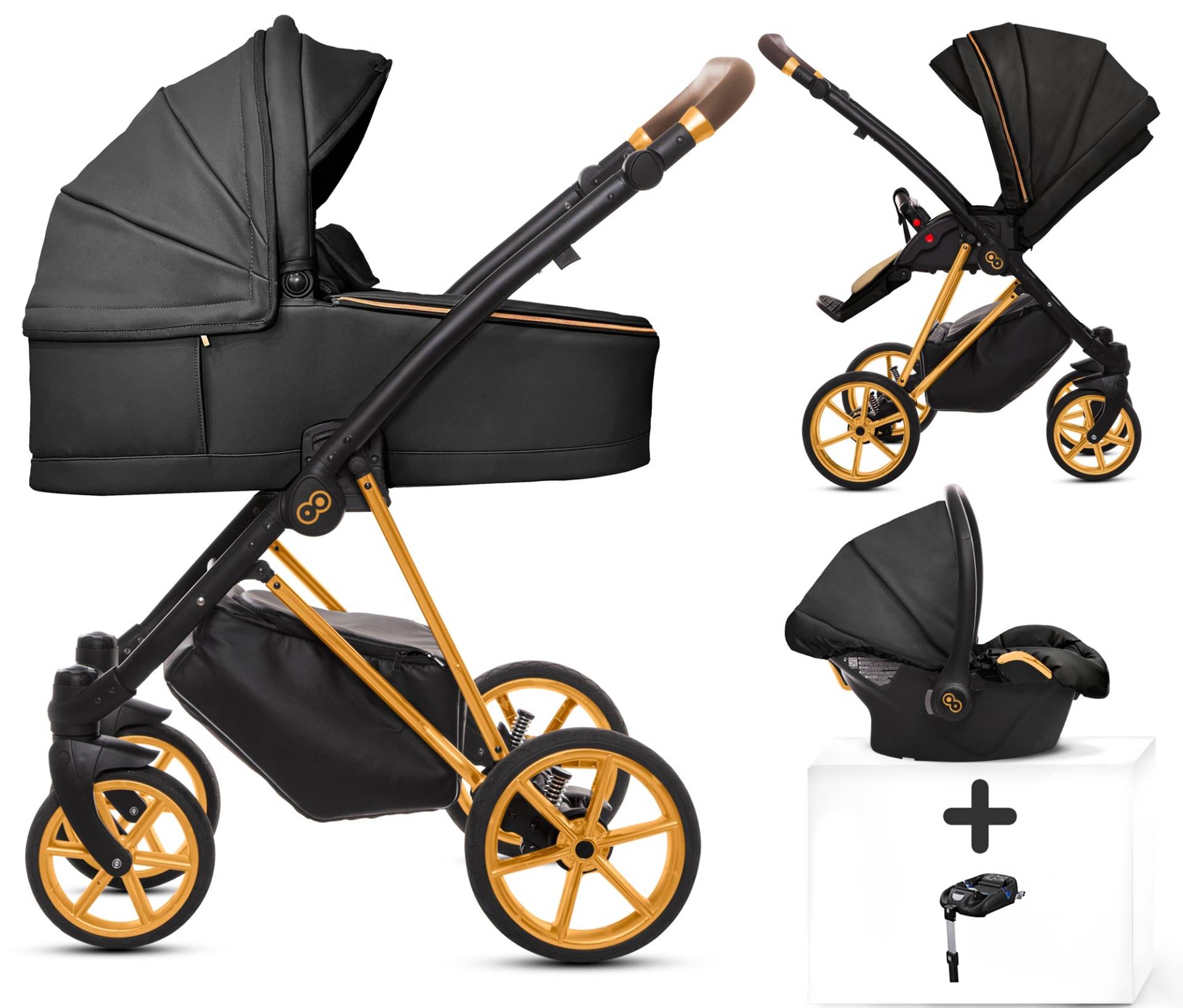 TPFLiving 4in1 Kinderwagen Royal Kunstleder - Onyx / Gestell Gold