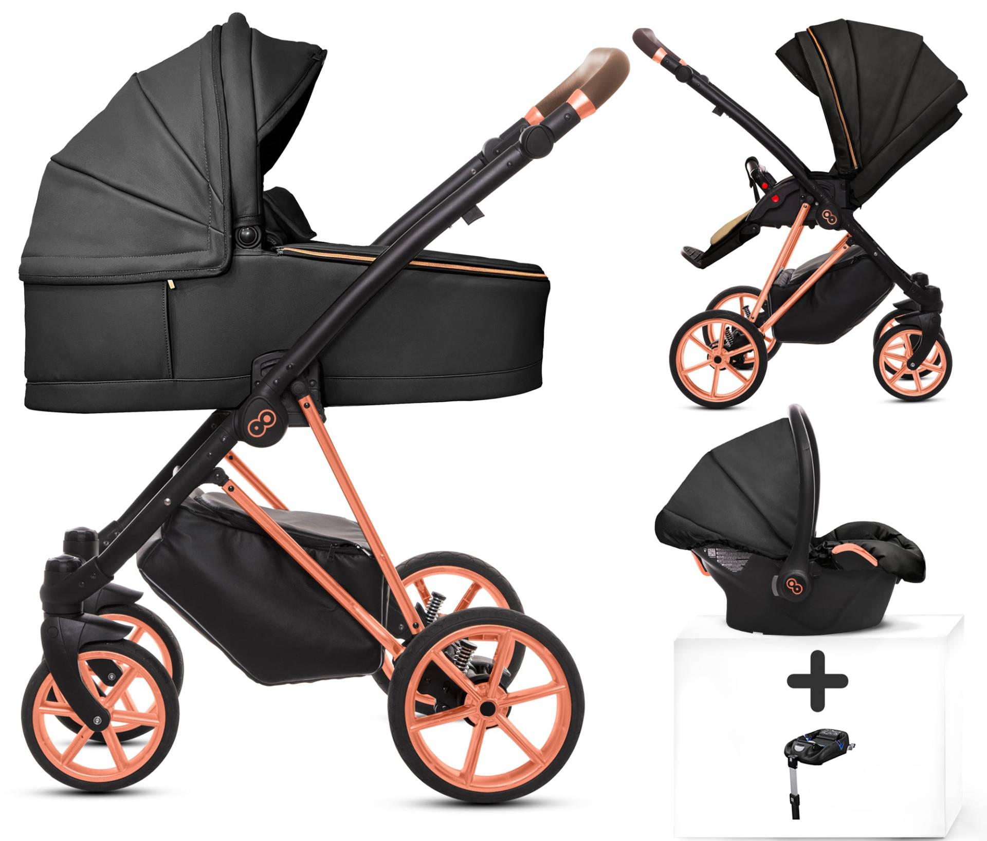 TPFLiving 4in1 Kinderwagen Royal Kunstleder - Onyx / Gestell Roségold