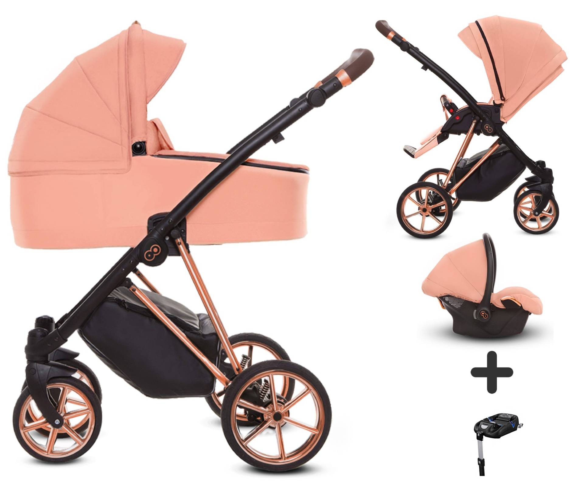 TPFLiving 4in1 Kinderwagen Ultra Stoff - Apricot / Gestell Roségold