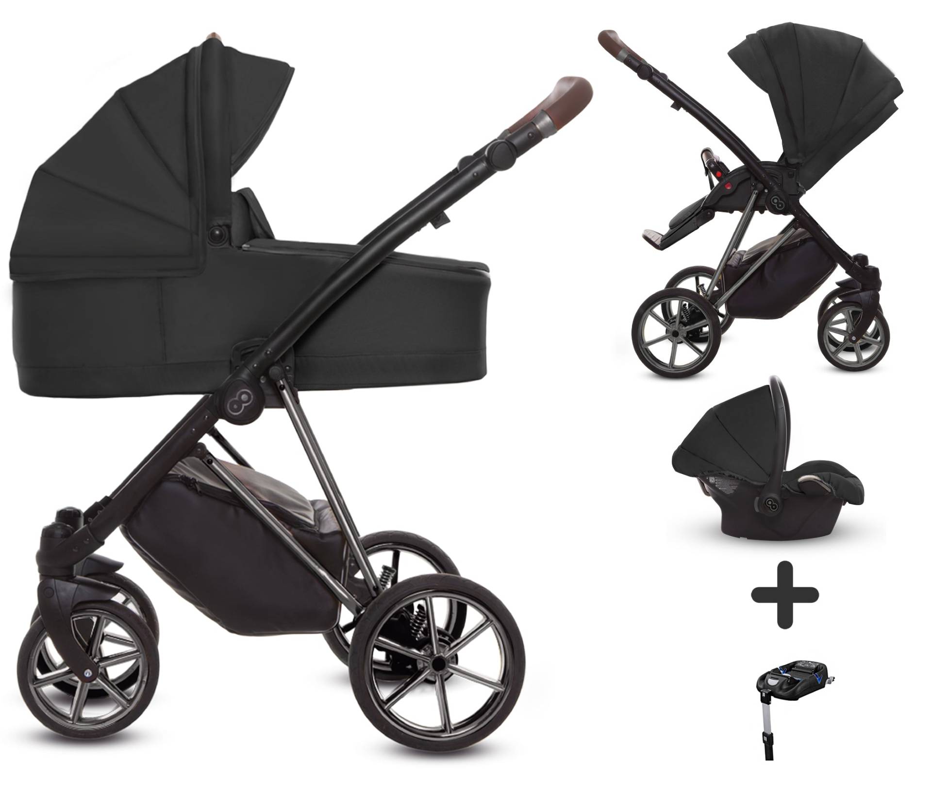 TPFLiving 4in1 Kinderwagen Ultra Stoff - Schwarz / Gestell Silber