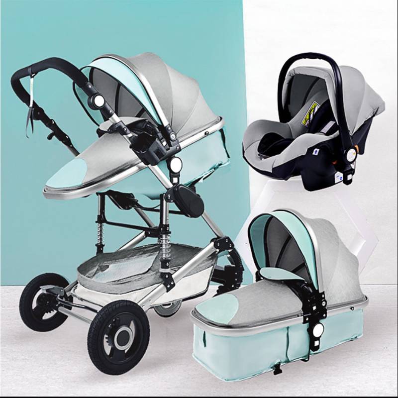 TPFLiving Kombi-Kinderwagen 3in1 Set - Modell 2 Stoff - Grün Grau