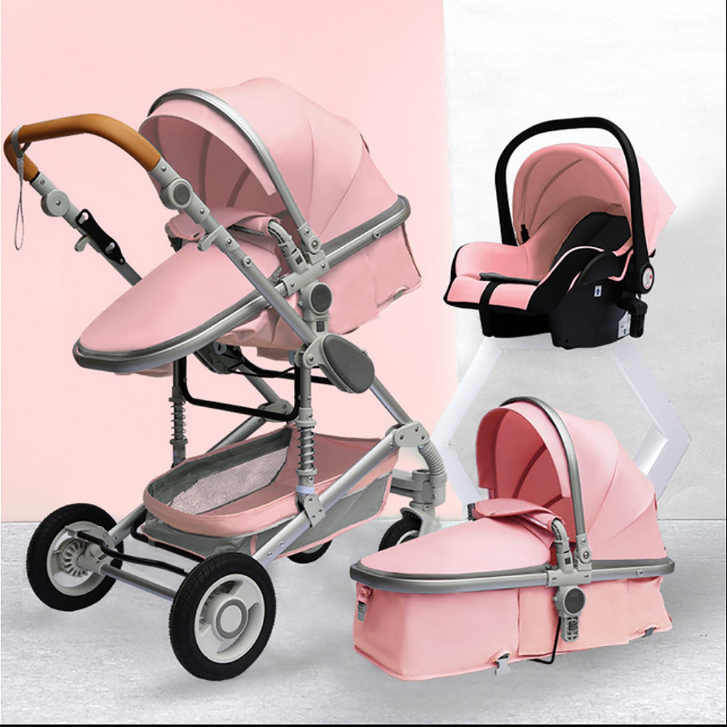 TPFLiving Kombi-Kinderwagen 3in1 Set - Modell 2 Stoff - Rosa