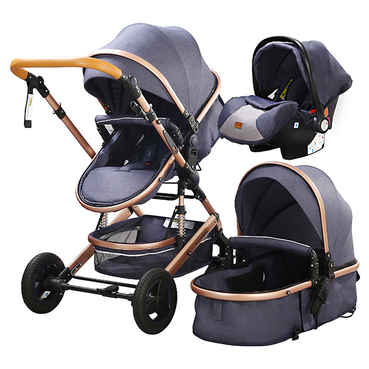 TPFLiving Kombi-Kinderwagen 3in1 Set - Modell Lux 7 Stoff - Blau