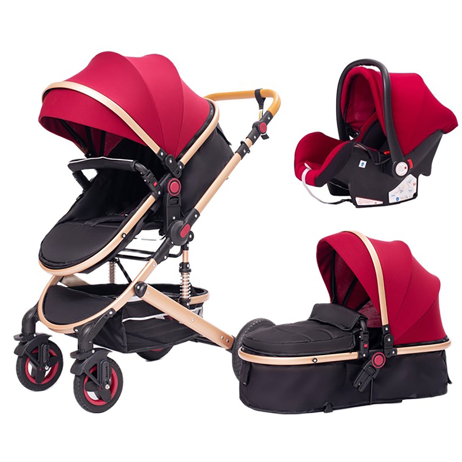 TPFLiving Kombi-Kinderwagen 3in1 Set - Modell Lux 7 Stoff - Rot