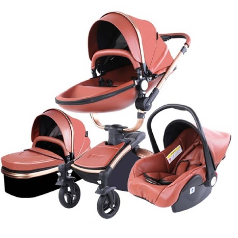 TPFLiving Luxus Kombi-Kinderwagen 3in1 Set - Modell 5 Kunstleder - Braun