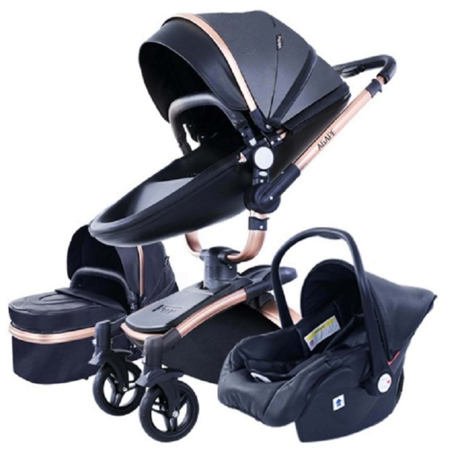 TPFLiving Luxus Kombi-Kinderwagen 3in1 Set - Modell 5 Kunstleder - Schwarz