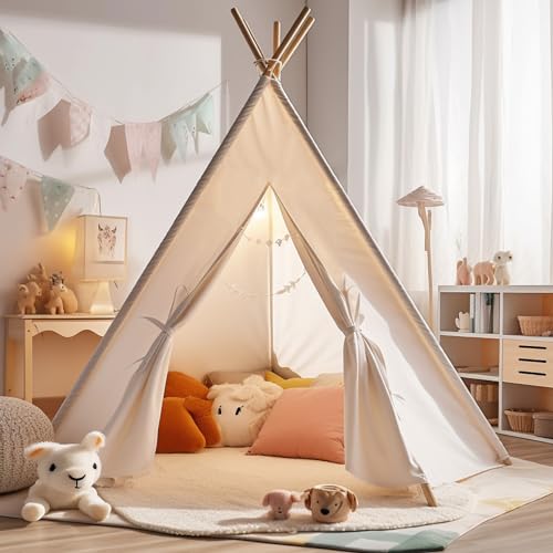 Teepee Tent for Kids, Cotton Kids Tent Indoor, Sleepover Play Tent, Kids Teepee Tent, Party Tents for Kids Indoor for Parties, Teepee Tent for Boys, with Wooden Poles for Kids 3,4,5,6,7,8,9