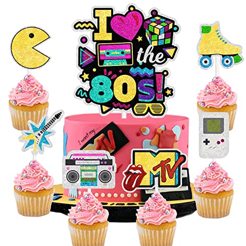 Together Back To The 80s Cake Topper Set – Retro Throwback Theme I love 80s Honeycomb Roller Disco Radio Happy Birthday Hip Hop Party Dekorationen – Ein Tortenaufsatz und 6 Cupcake-Topper von LIANGSS