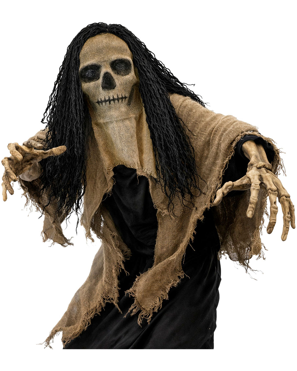 Totenschädel Jute Maske mit Kapuze & Haaren Totenschädel Jute Maske mit Kapuze & Haaren