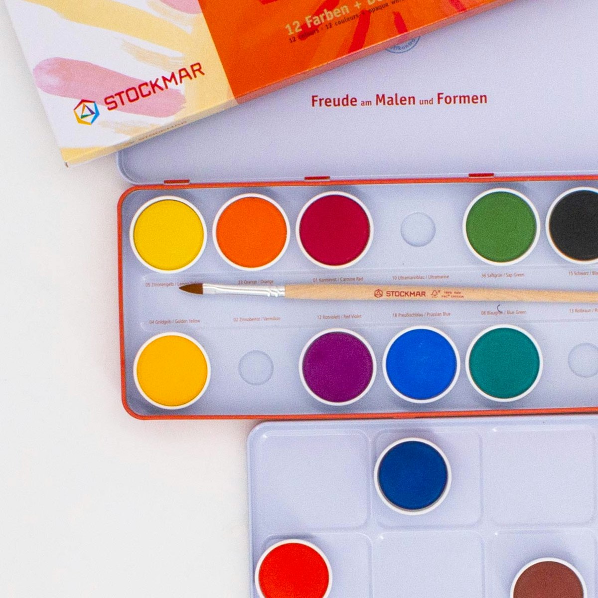 Wasserfarbkasten 12 Farben, Pinsel u. Deckweiß Wasserfarbkasten 12 Farben, Pinsel u. Deckweiß