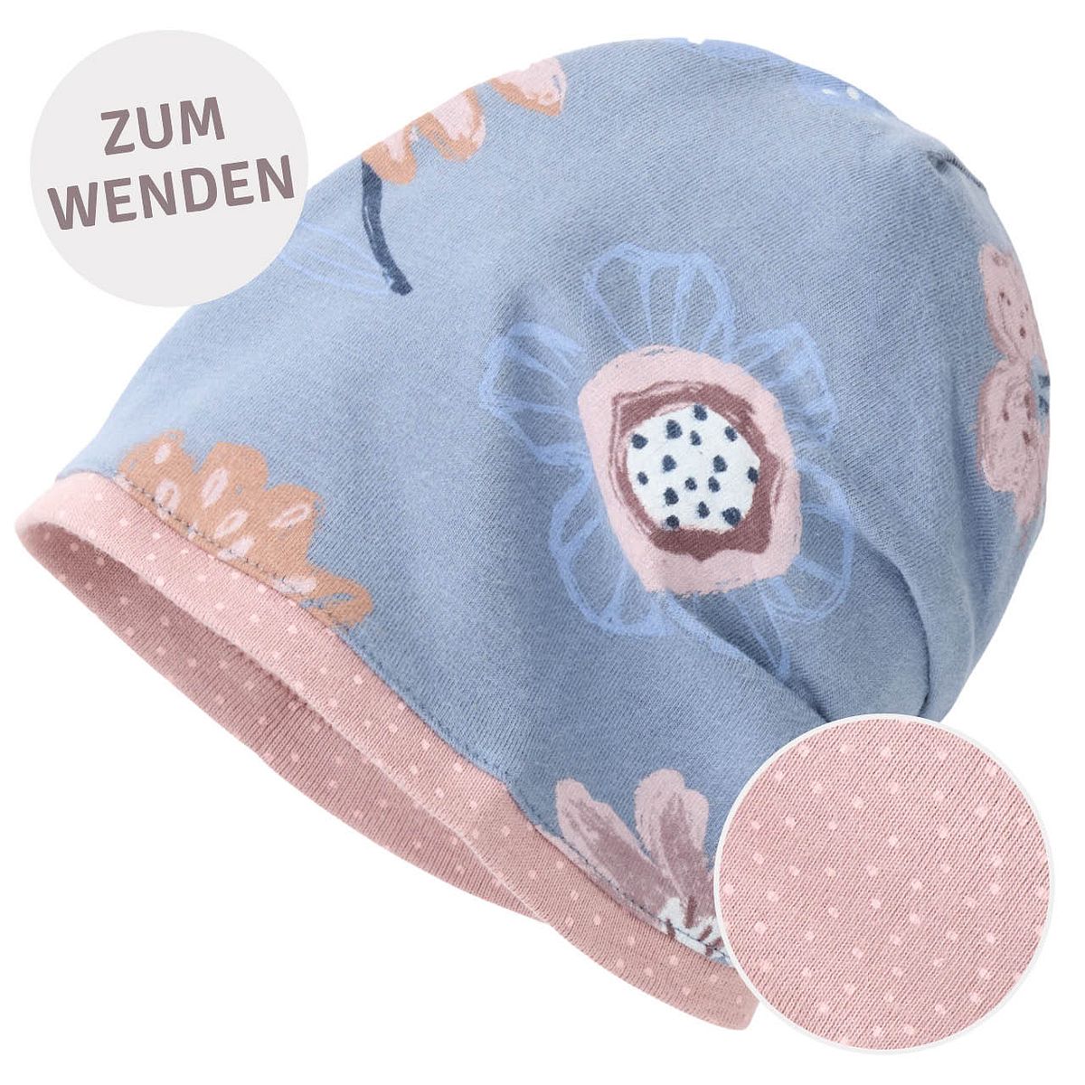 Wende-Beanie Blumen rauchblau 42/44 Wende-Beanie Blumen rauchblau 42/44