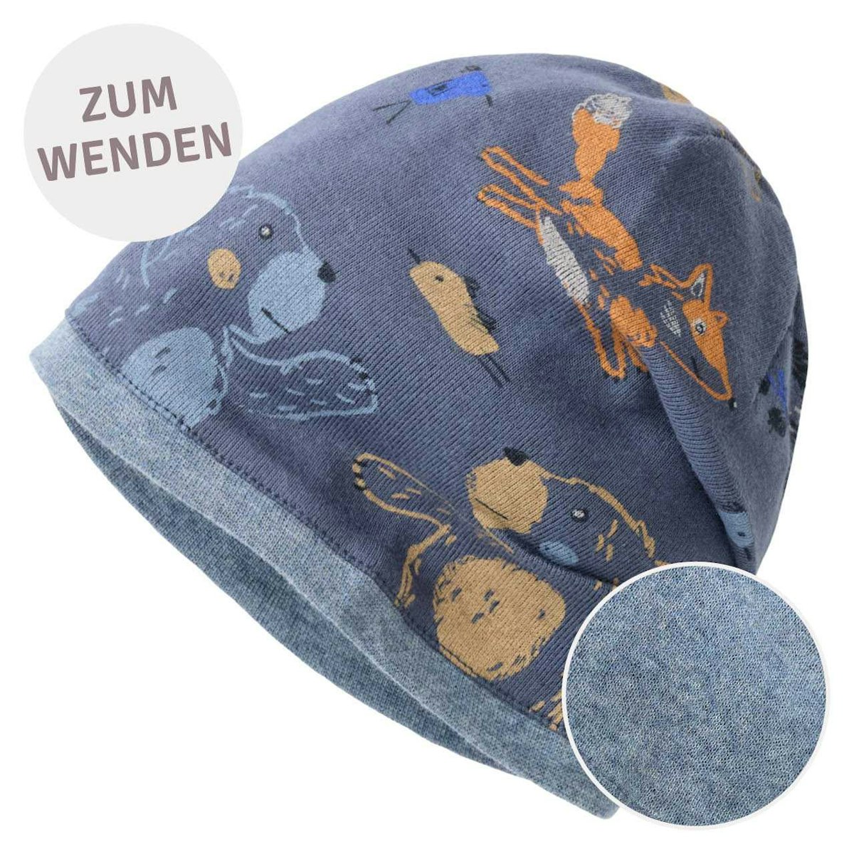 Wende Beanie Waldtiere indigo 45/47 Wende Beanie Waldtiere indigo 45/47