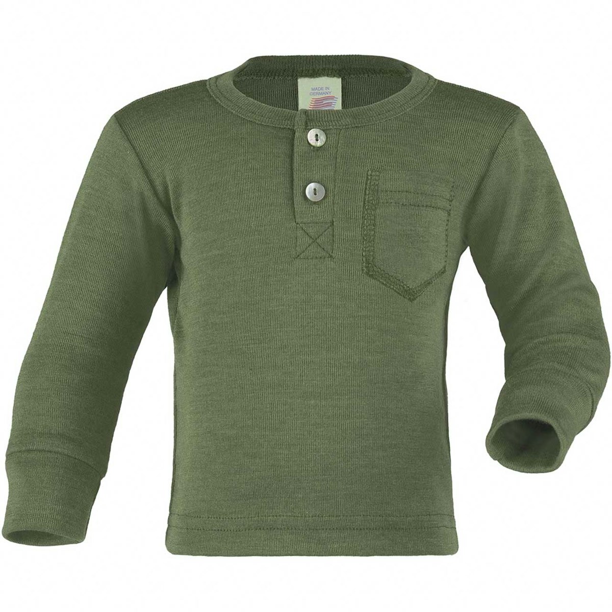 Wolle Seide Langarmshirt Knopfleiste oliv-grün 86/92 Wolle Seide Langarmshirt Knopfleiste oliv-grün 86/92