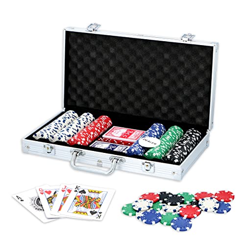 MaxiMondo Pokerset Komplett – Pokerkoffer mit 300 Pokerchips und Pokerkarten – Pokerkarten für Kinder und Erwachsene - 1x Dealer und 5X Würfel - Bis zu 5 Personen - Aluminium Poker Koffer von MaxiMondo