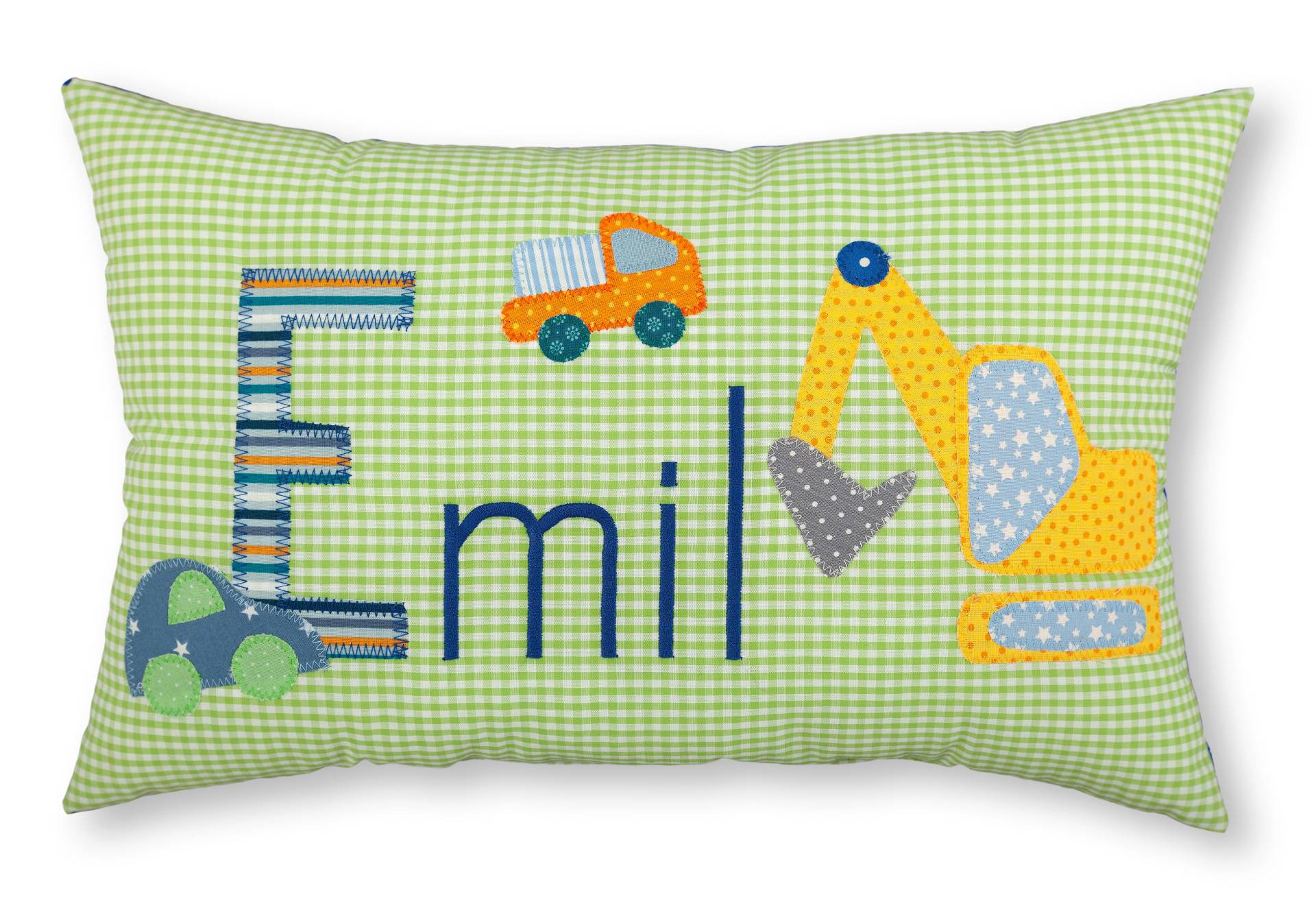 crepes suzette - Namenskissen mit Bagger, LKW & Auto, Farbe: Rot kariert crepes suzette - Namenskissen mit Bagger, LKW & Auto, Farbe: Rot kariert