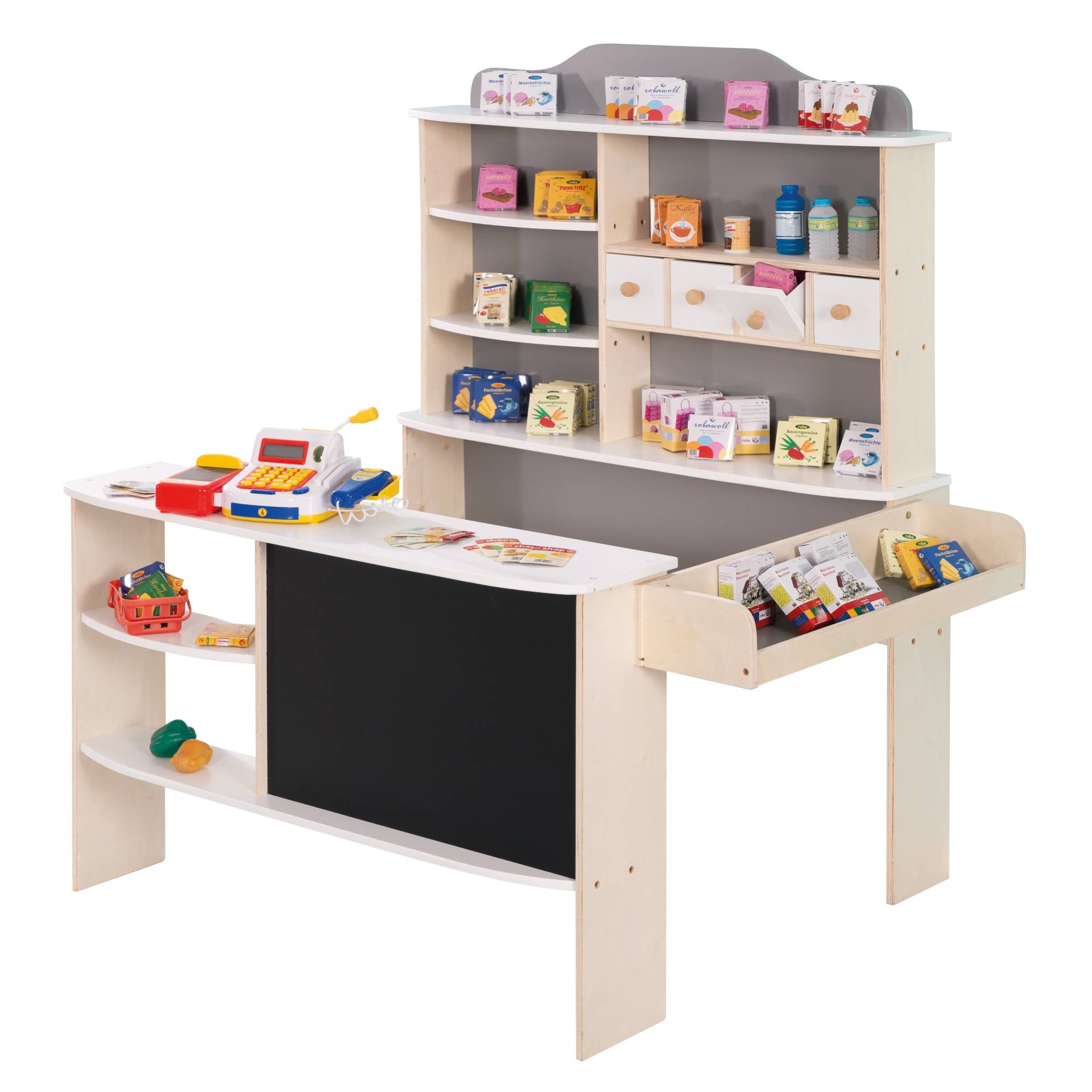 roba Kaufladen, inkl. Zubehör, natur, weiß/grau, 4 Schubladen, Uhr, Tafel, Theke & Seitentheke roba Kaufladen, inkl. Zubehör, natur, weiß/grau, 4 Schubladen, Uhr, Tafel, Theke & Seitentheke