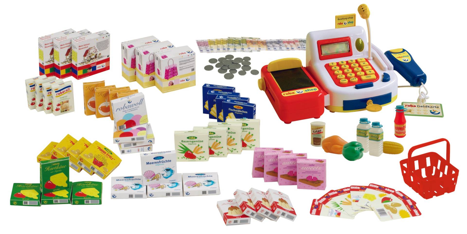 roba Kaufladenzubehör, Kasse, Spielgeld, Einkaufskorb, Lebensmittel Set & Angebotsschilder roba Kaufladenzubehör, Kasse, Spielgeld, Einkaufskorb, Lebensmittel Set & Angebotsschilder