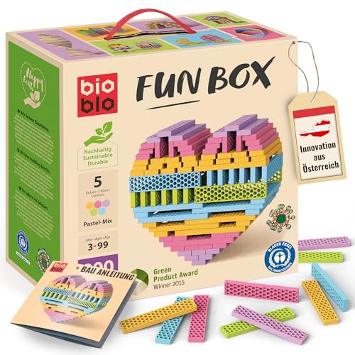 bioblo Holz Bausteine aus Recyclingmaterial Fun Box Pastel Mix 200 Stück | Fördert die motorische Entwicklung | Balanciersteine, Bausteine Erwachsene, Holzbausteine Natur, Geschenke für Kinder von bioblo