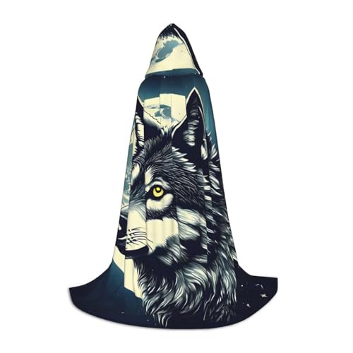 bkgdodk Wolf Nacht Mond Druck Unisex Kapuzenumhang Vielseitiger Cosplay Umhang und Umhang Hexe Gothic Kapuzenumhang von bkgdodk