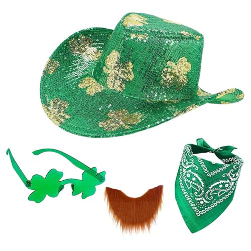 bnsggl Packung Mit 3 Praktischen Festival Cowboy Hüten Mit LED Lichtern Und Paillettenkleeblättern Perfekt Für Irische Festivalkostüme von bnsggl