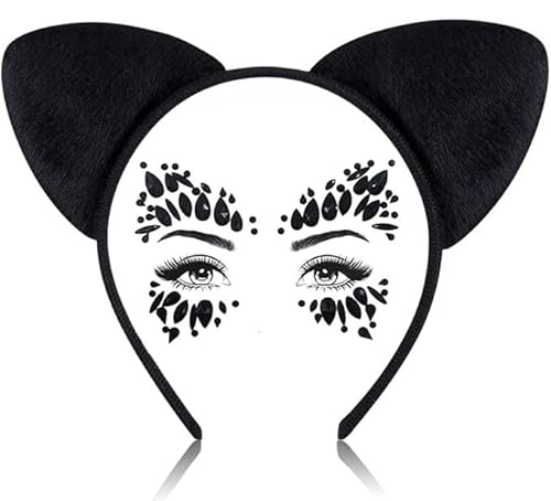 2pcs Katzenohren Haarreif,Cat Ears Headband,Katzen Haarreif Karneval+Glitzersteine Gesicht,Karneval Party Zubehör Katzen Kostüm für Karneval,Karneval Party Kopfschmuck für Damen,Mädchen (Style 2) von boocooberg