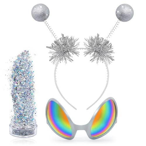 3pcs Alien Kostüm Damen,Space Kostüm Damen,Alien Haarreif Holografischer Glitter Und Brille,Alien Headband Discokugel Deko Party Gadgets,Fasching Kopfschmuck Damen Herren Kinder Karneval (Style 1) von boocooberg