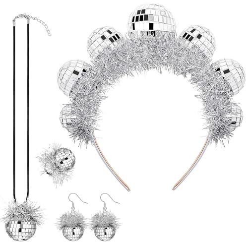 4pcs Discokugel Haarreif,Discokugel KostüM,Disco Ohrringe,Discokugel Ohrringe,70er Jahre Disco Party ZubehöR Damenbekleidung Disco Ball Ohrringe, Kopfbedeckungen Und Ringe Party Gadgets(4PCS) von boocooberg