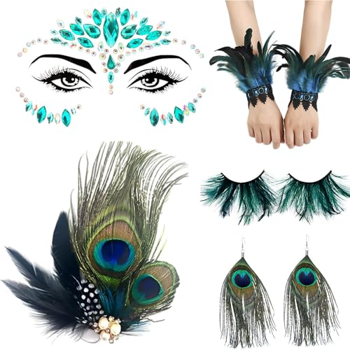 8pcs Pfau Kostüm Damen,Karneval Kostüm Damen,Pfau Feder Manschetten,Glitzersteine Gesicht,Pfau Haarschmuck,Pfau Wimpern,Pfauenfedern Ohrringe,Maskerade Karneval Party Cosplay Zubehör (Style 1) von boocooberg