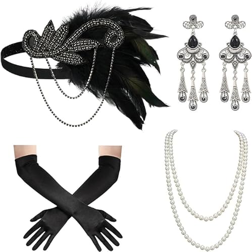 boocooberg 20er Jahre Kostüm Damen,1920er Jahre Accessoires Set,1920er Accessoires Damen,Damen Zubehör für Frauen Kopfbedeckung,Schwarzen Handschuhen,Perlen Halskette,Fransen Accessoires (Style 2) von boocooberg