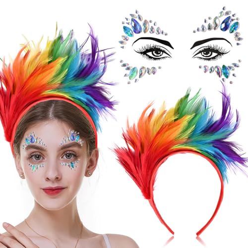 boocooberg Haarreif Karneval,Festival Glitzer Gesicht,Kopfschmuck+Glitzersteine Gesicht,Regenbogen KostüM,Papagei KostüM,Glitzersteine Selbstklebend,Karneval Bachelorette Party ZubehöR (Style 2) von boocooberg