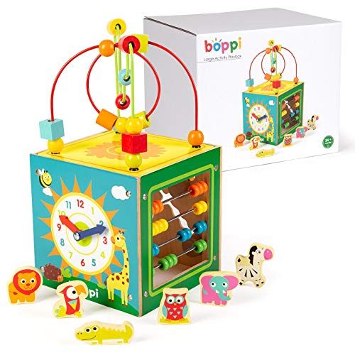 boppi 5 in 1 großer hölzerner Aktivitätswürfel 2-Wege-Perlen-Labyrinth-Achterbahn Sensorisches Babyspielzeug mit Abakus Uhr Tierform-Sortierer und Schieber Multifunktions-Lernspielbox ab 2 Jahren von boppi